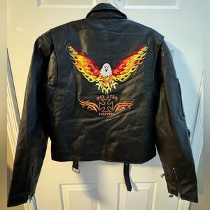 Leather Biker Moto Jacket Custom Embroidered Eagle Motorcycle Lined Medium